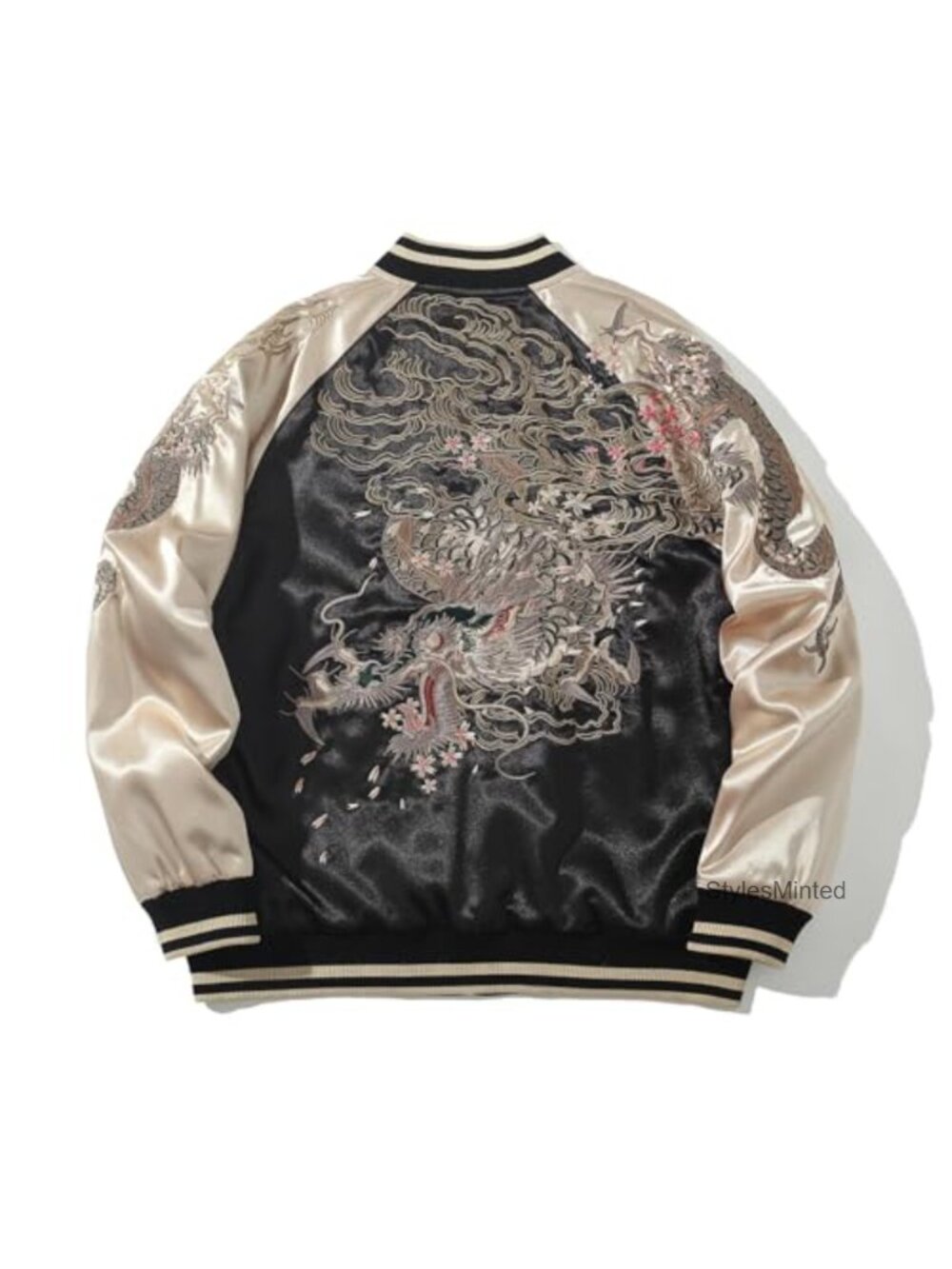 Men's Satin Bomber Jacket with Dragon Embroidery Varsity Windbreaker